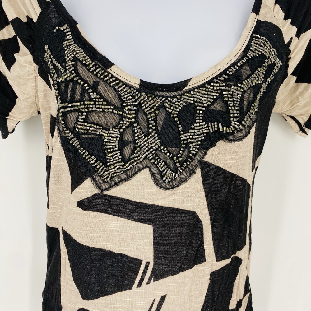 Y2K VTG Daytrip Buckle M Beaded Neck Club Top Ivory Black Abstract Mall Goth - Picture 3 of 8